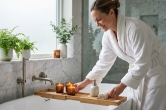 Femme souriante en peignoir blanc dans salle de bain moderne