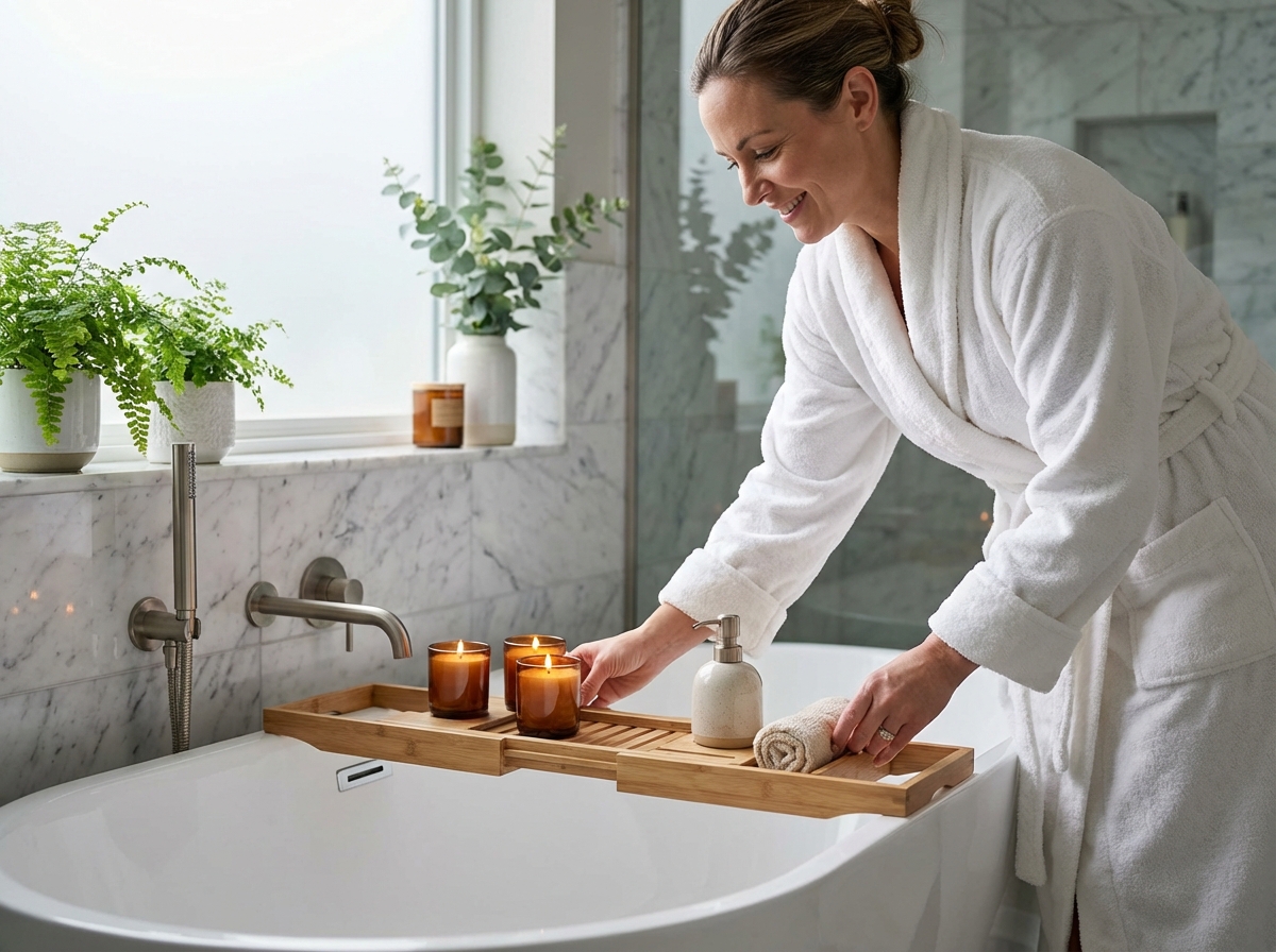 Femme souriante en peignoir blanc dans salle de bain moderne