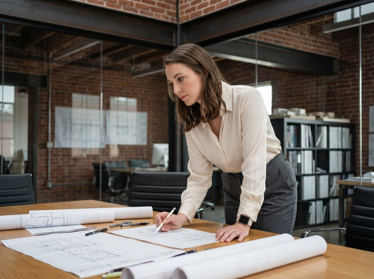 Jeune femme en blouse examinant des plans dans une salle de réunion