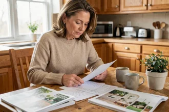 Femme consultant des fiches budget et des magazines maison sur une table en bois dans une cuisine moderne