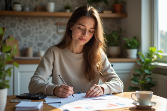 Jeune femme à la maison vérifiant son budget mensuel