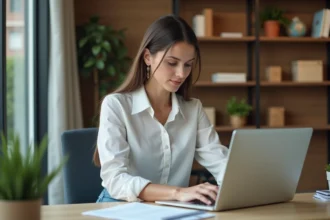 Femme assise à un bureau moderne travaillant sur un ordinateur portable