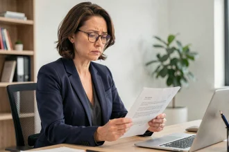 Femme professionnelle relisant une lettre administrative urgente dans un bureau moderne, illustrant l'importance des formules de politesse appropriées