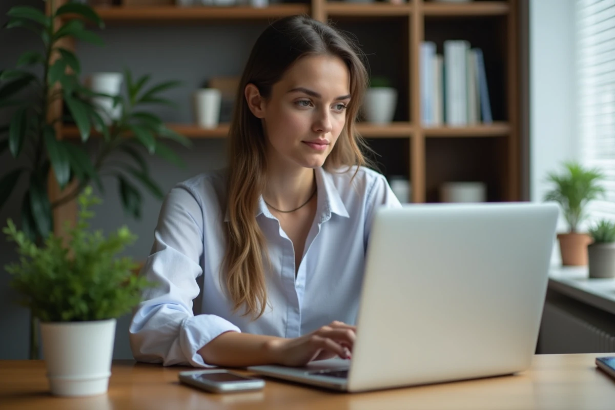 Jeune femme au bureau vérifiant un decibelmètre