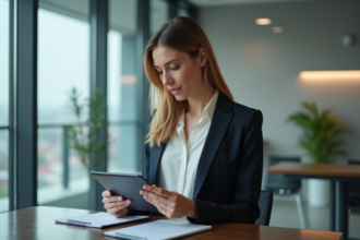 Femme en bureau moderne examine une tablette et un carnet