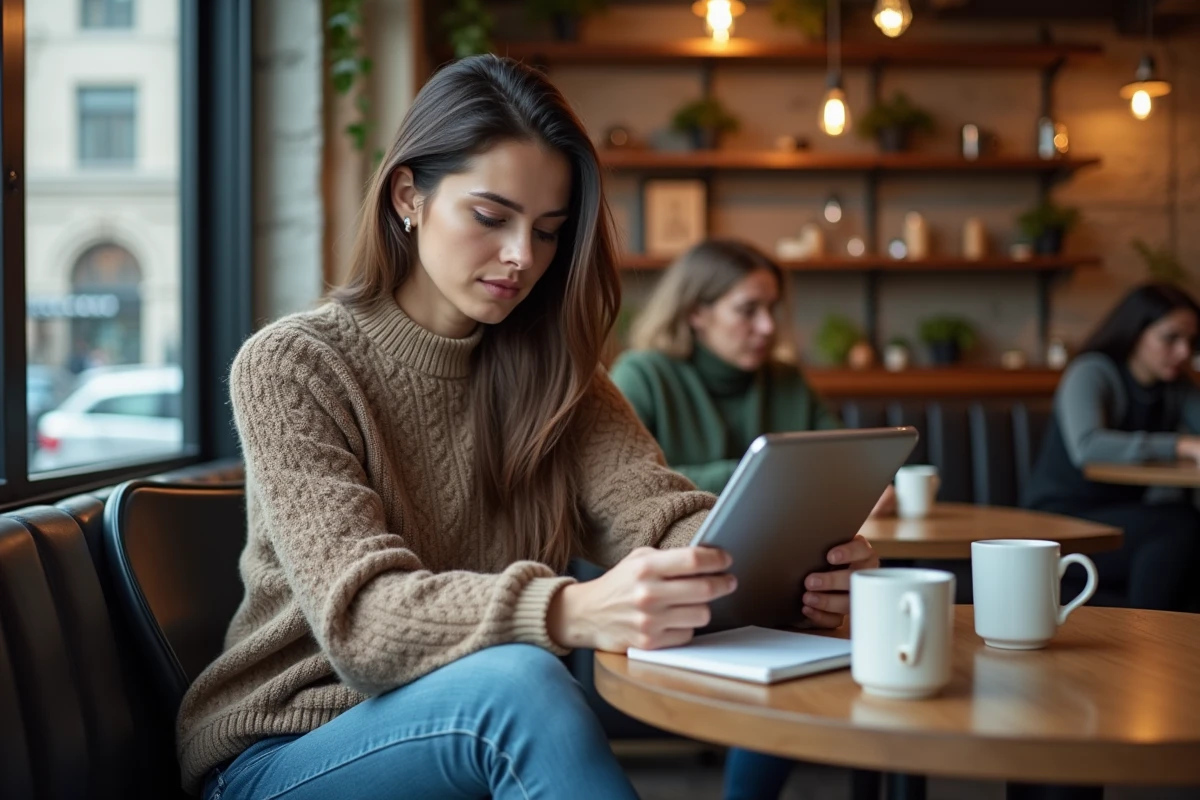 Femme jeune vérifiant un site de films dans un café urbain