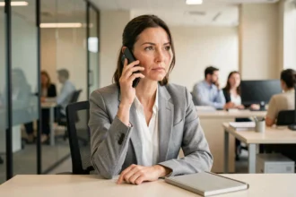 Femme professionnelle restant calme après un raccrochage téléphonique au bureau