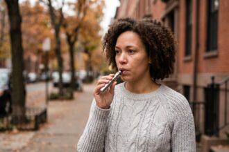 Femme tenant une cigarette électronique en ville, illustration d'une alternative au tabac