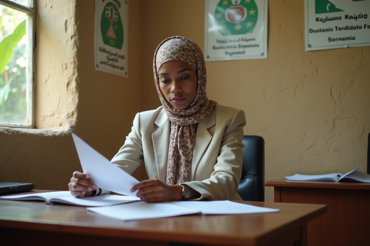 Femme comorienne lit des documents dans un bureau
