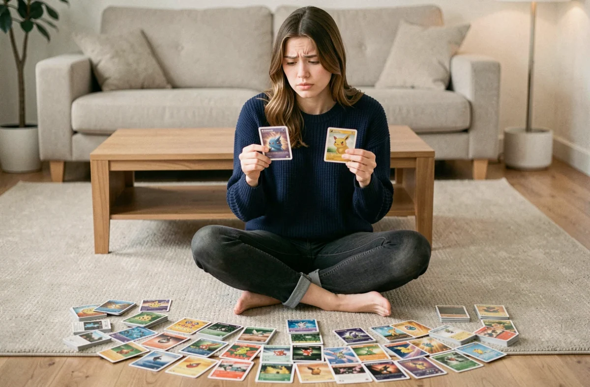 Jeune femme comparant des cartes Pokémon Pocket au sol pour corriger les erreurs de son deck