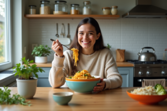 Jeune femme souriante mangeant des pâtes aux légumes dans la cuisine