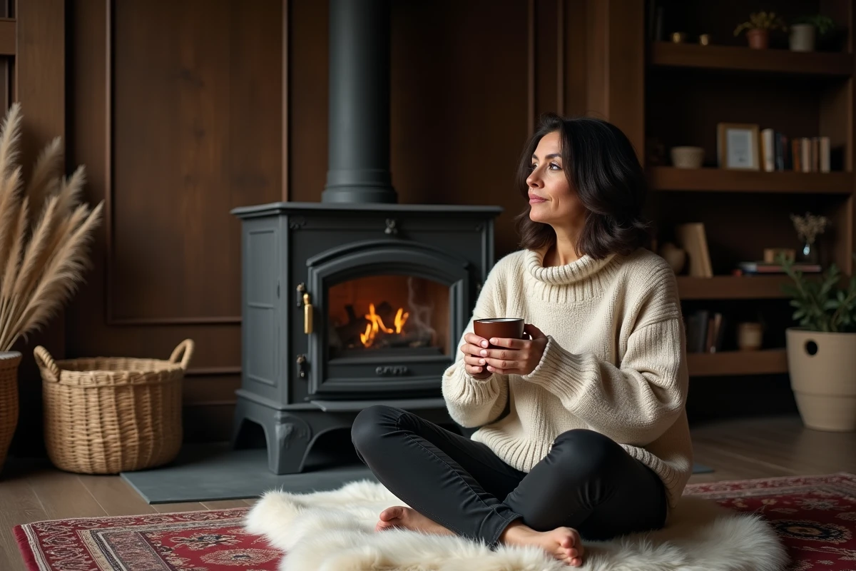 Femme assise devant un poêle en stéatite dans un salon rustique en hiver tenant une tasse de thé chaud