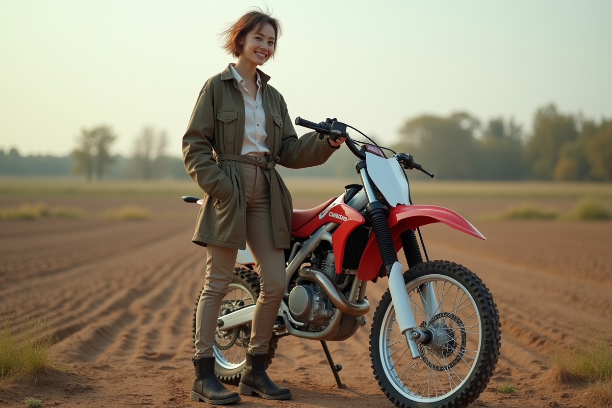 Femme souriante avec dirt bike en extérieur