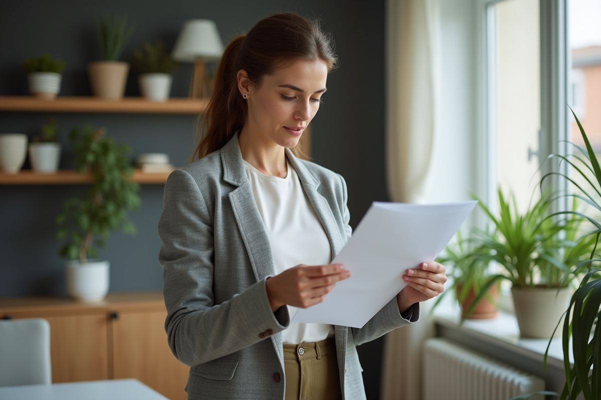 Femme française examine documents d énergie dans un appartement moderne