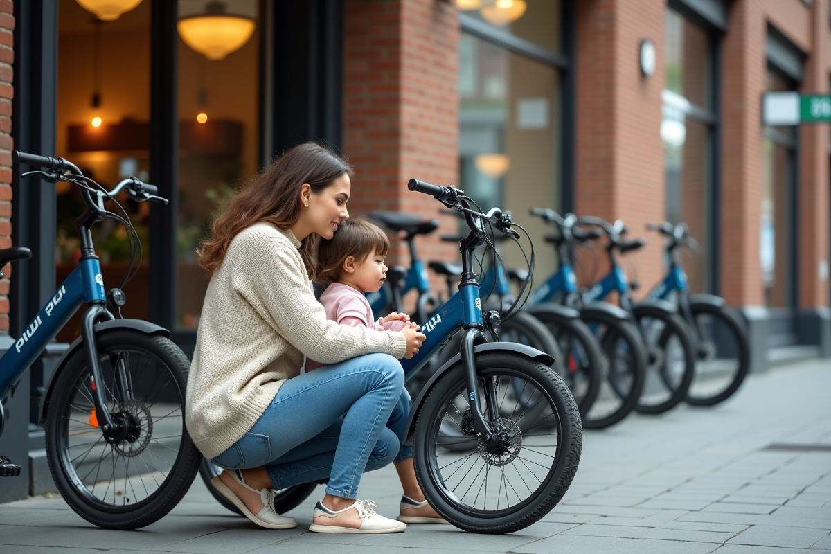 Femme et enfant examinent un vélo Piwi devant un magasin urbain