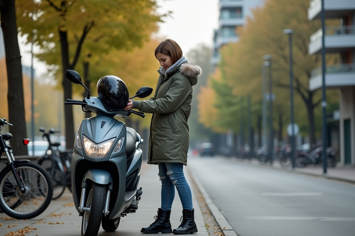Femme attachant son casque à une moto dax 125 dans la ville