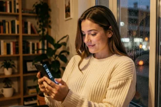 Jeune femme contemplant l'heure miroir 22h22 sur son téléphone près d'une fenêtre pluvieuse la nuit, symbole de réflexion amoureuse