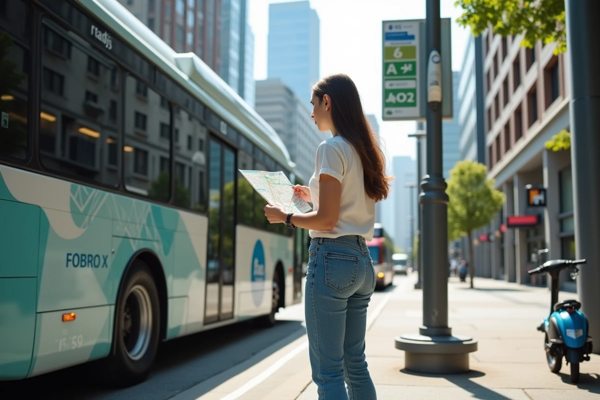 Jeune femme consulte un plan de transport près d’un bus à hydrogène en ville