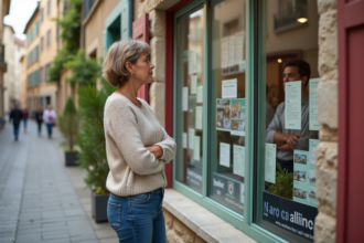 Femme regardant des annonces immobilières devant une agence en petite ville