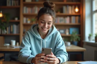 Jeune femme souriante jouant à Coin Master sur son smartphone depuis son bureau à domicile
