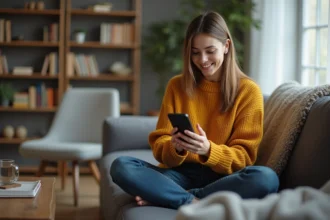 Jeune femme jouant à Monopoly GO sur smartphone dans son salon, récupérant des liens gratuits pour le jeu mobile