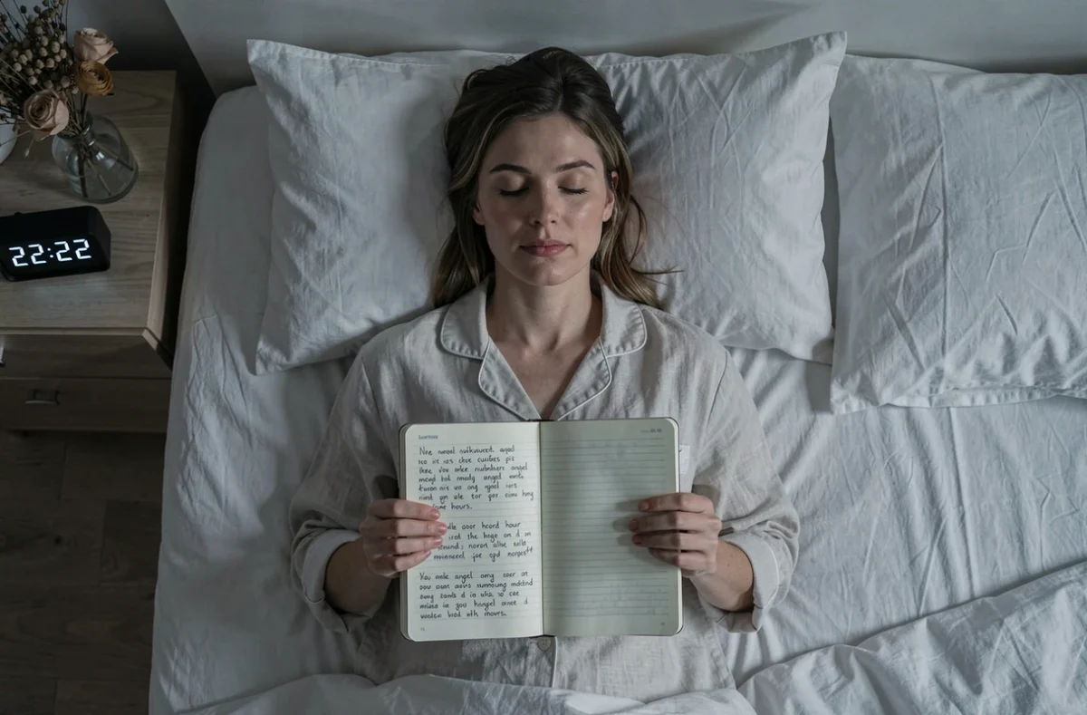 Femme écrivant dans son journal sur les heures miroirs et le 22h22, allongée près d'un réveil numérique dans une chambre apaisante