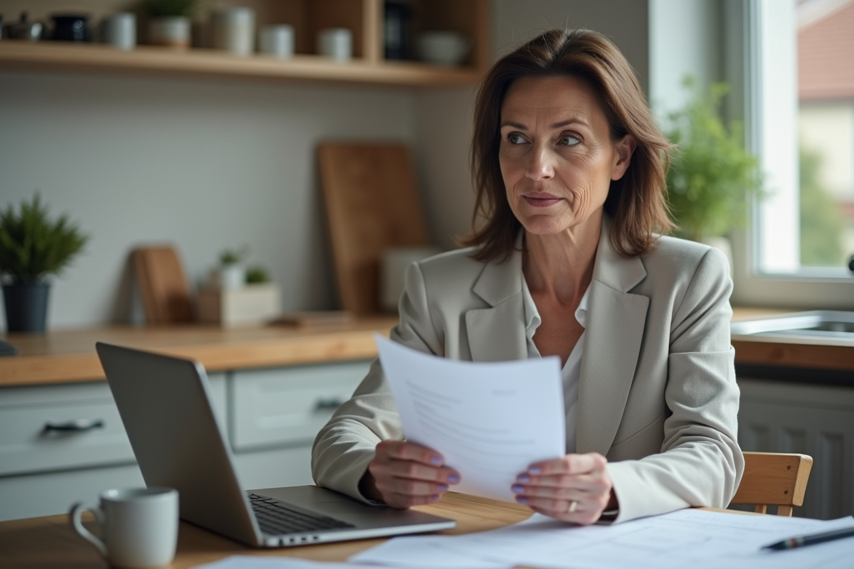 Femme d'âge moyen lisant des papiers dans la cuisine moderne