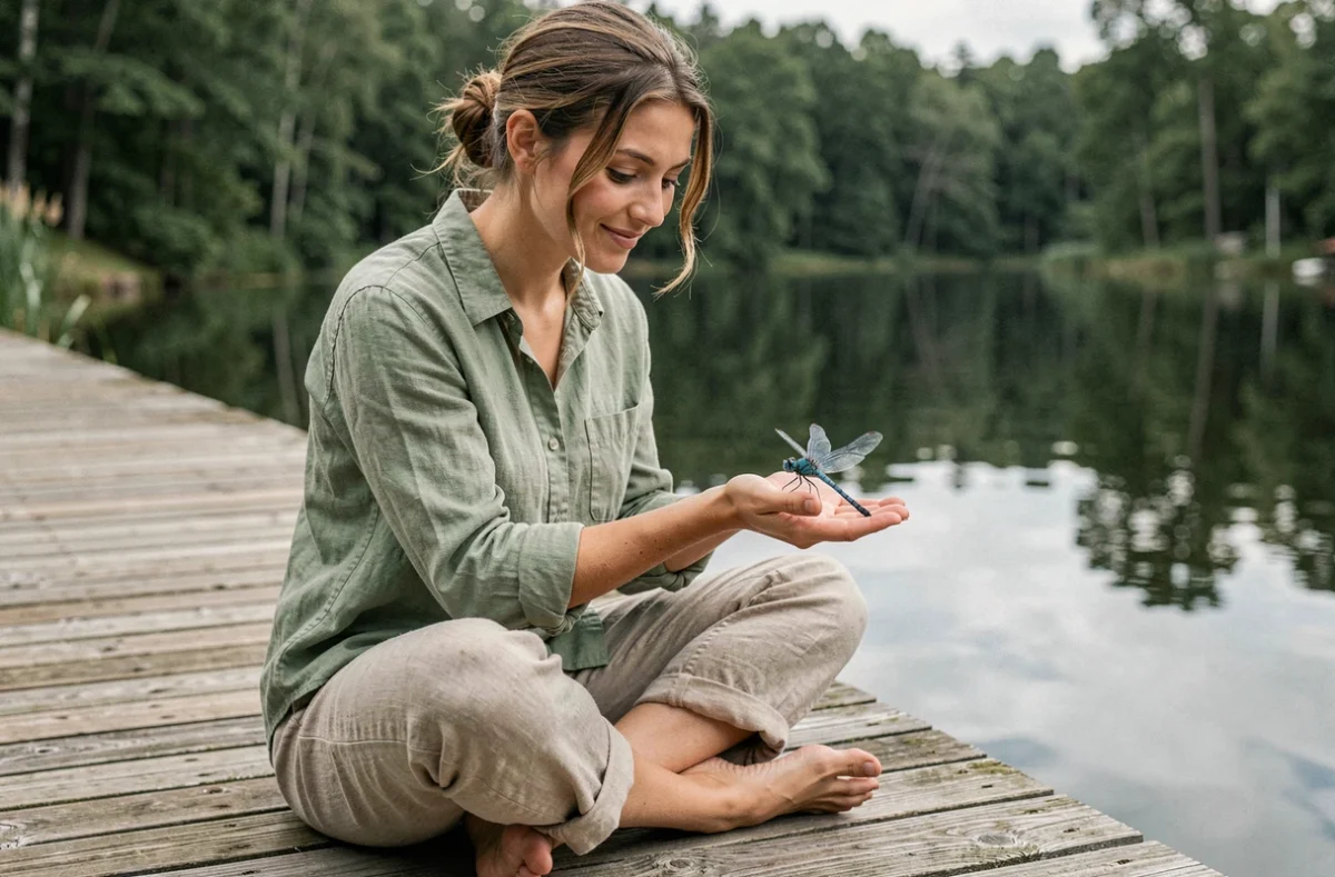 Femme tenant une libellule bleue sur sa main tendue sur un ponton en bois au bord d'un lac, moment de connexion spirituelle avec la nature
