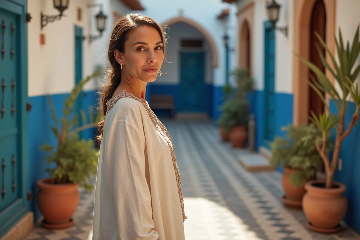 Femme d'origine marocaine en kaftan brodé dans une ruelle de médina, symbolisant les racines culturelles et géographiques liées aux origines familiales de Najwa El Haïté