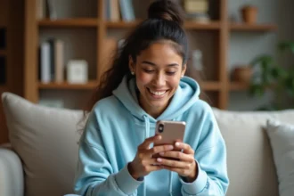 Jeune femme jouant à Monopoly GO sur smartphone pour collecter des liens de dés gratuits