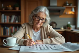 Femme remplissant une grille de mots croisés dans un journal avec un crayon à la main, assise à une table de cuisine en bois