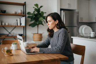 Femme en casual compare des assurances sur son ordinateur