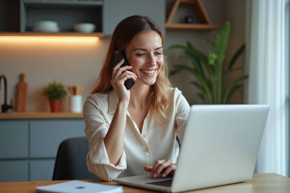 Femme souriante au bureau avec ordinateur et smartphone