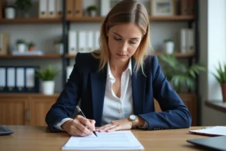 Femme professionnelle en bureau rédigeant une lettre d'appel