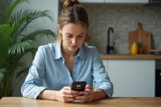 Femme dans sa cuisine regardant son smartphone avec incertitude