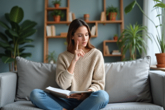 Femme assise sur un canapé dans un salon moderne