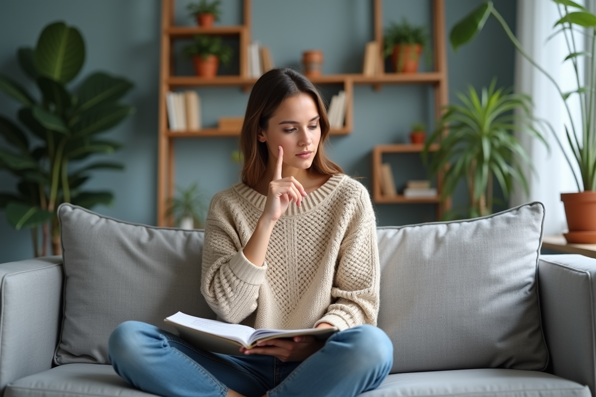 Femme assise sur un canapé dans un salon moderne