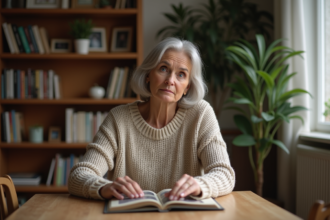 Femme d'âge moyen regardant un album photo familial