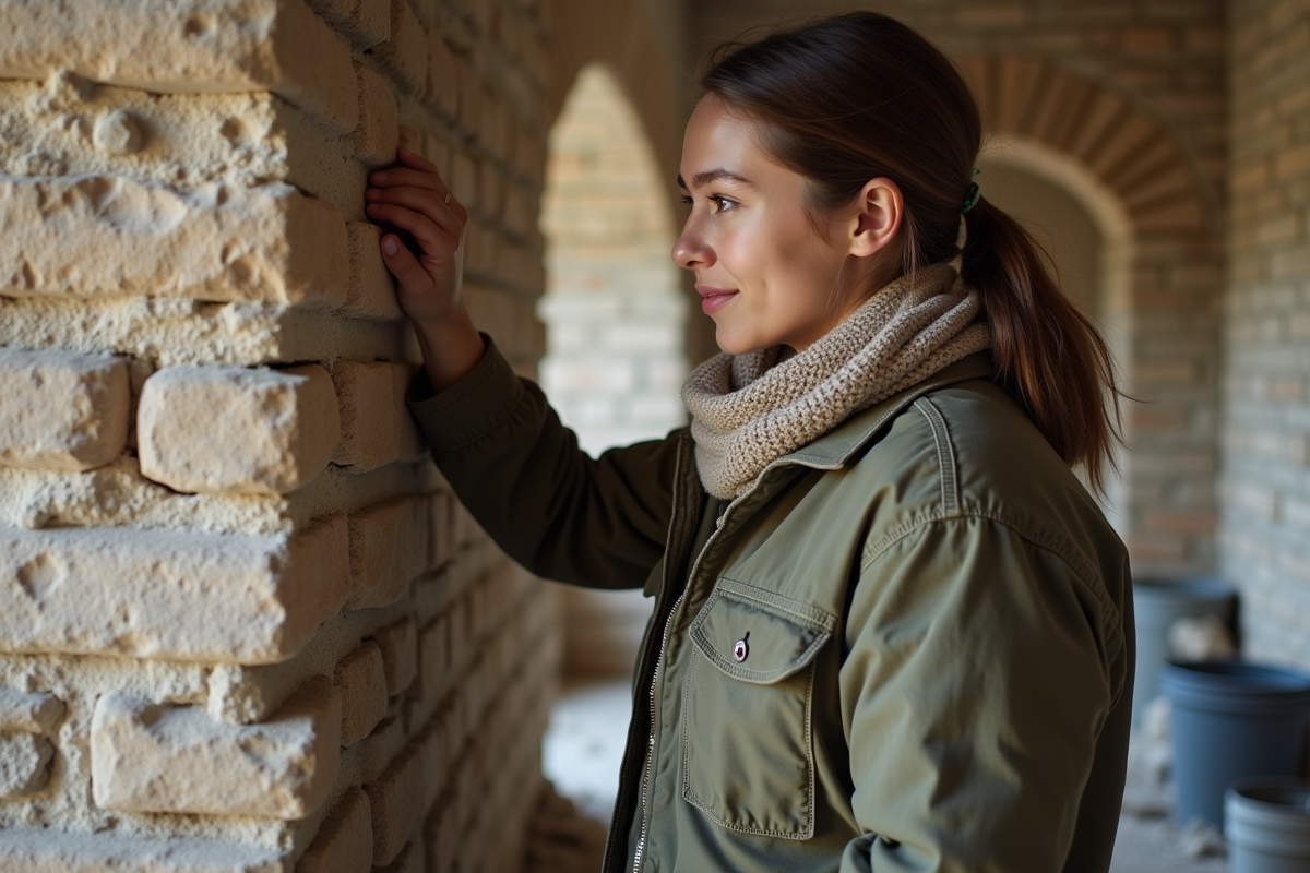Jeune femme inspectant un mur en pierre en intérieur