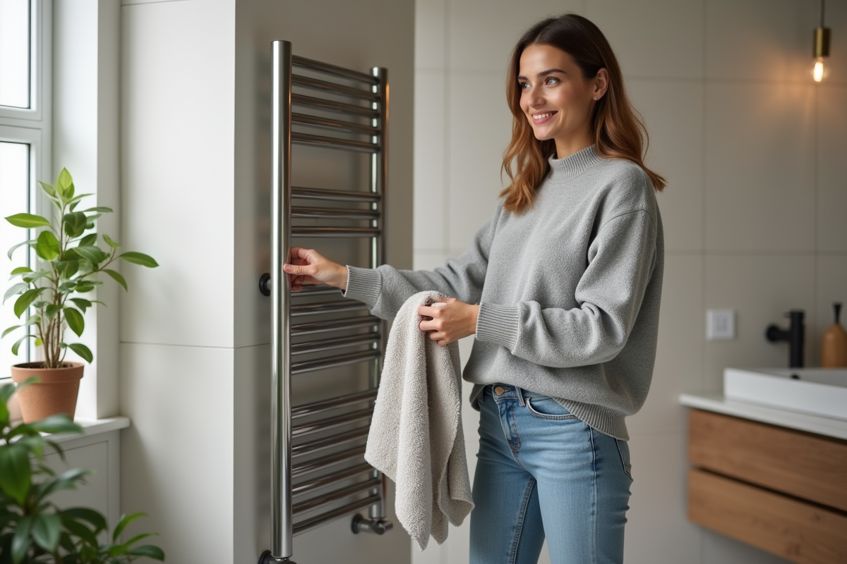 Femme souriante près d'un sèche-serviettes électrique dans un bain moderne
