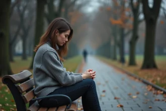 Femme seule assise sur un banc de parc en automne, regard perdu dans le vide, exprimant la douleur d'une séparation difficile de flamme jumelle