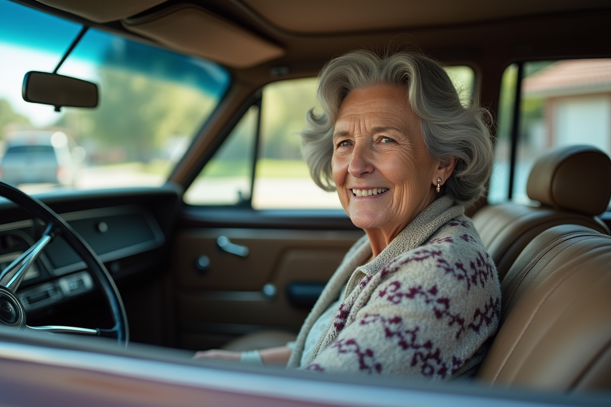 Femme âgée souriante dans le siège conducteur d