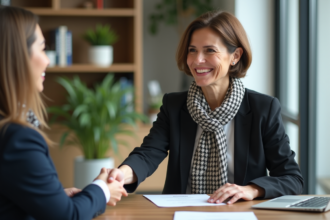 Femme souriante signant un contrat immobilier dans un bureau lumineux