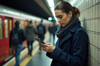 Femme dans le métro parisien vérifiant son smartphone avec application