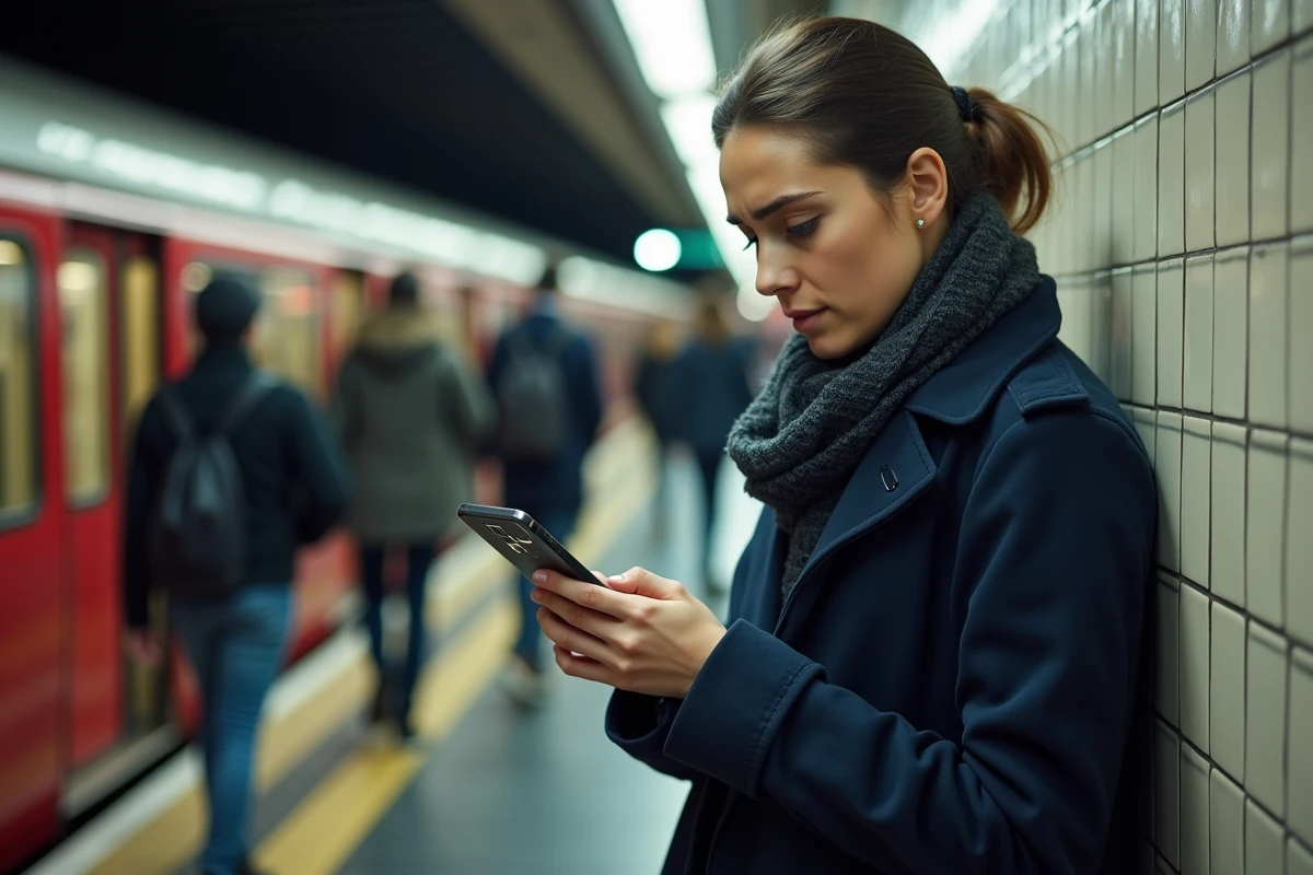 Femme dans le métro parisien vérifiant son smartphone avec application