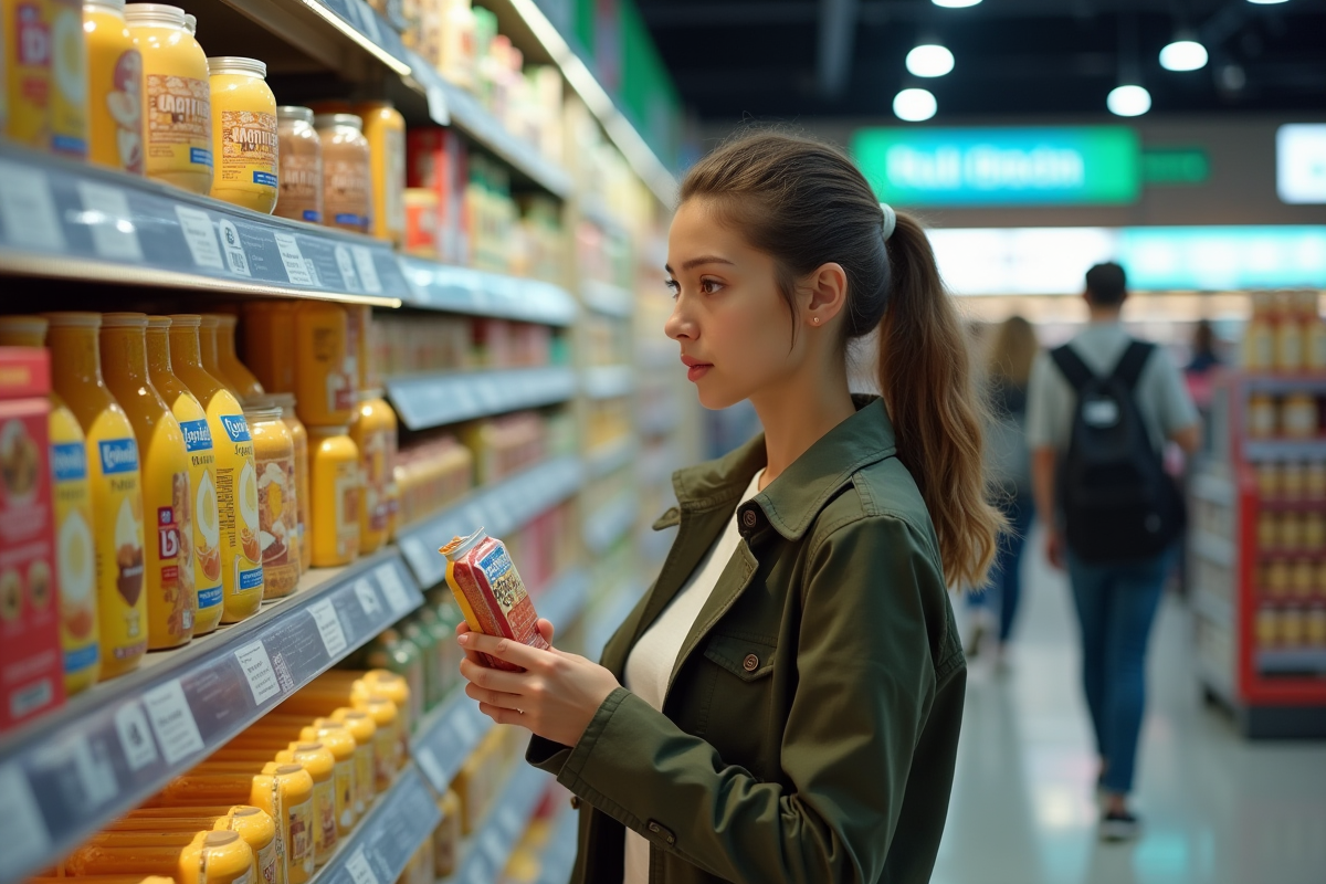Jeune femme examine un produit alimentaire en supermarche