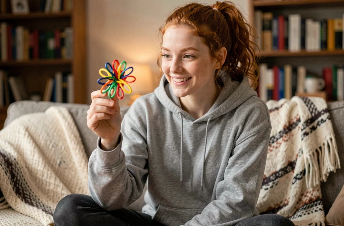 Jeune femme souriante tenant un scoubidou fleur multicolore réalisé à la main dans un salon cosy