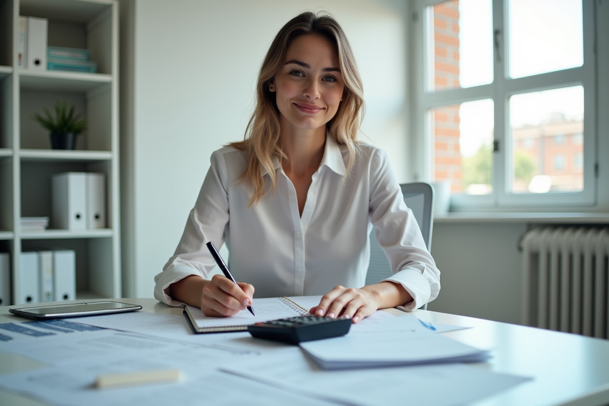 Jeune femme vérifiant ses formulaires fiscaux au bureau