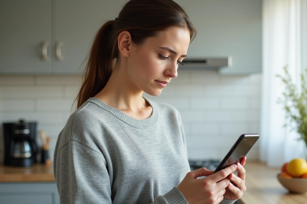 Femme vérifiant la réputation d'un site web sur smartphone dans une cuisine moderne