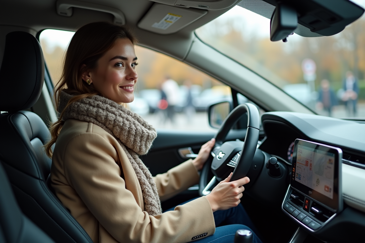Jeune femme dans une voiture hybride regardant son tableau de bord